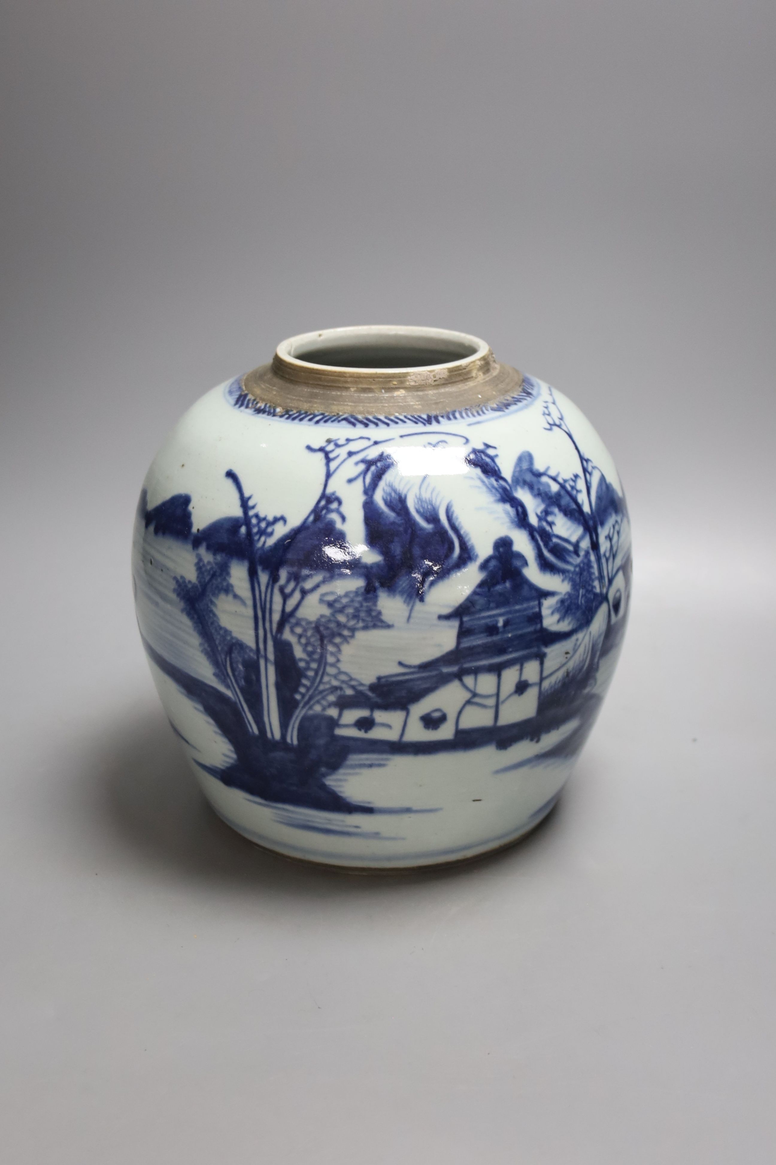 A group of 18th century Chinese export blue and white dishes, plates and a jar, the jar 21.5cm high